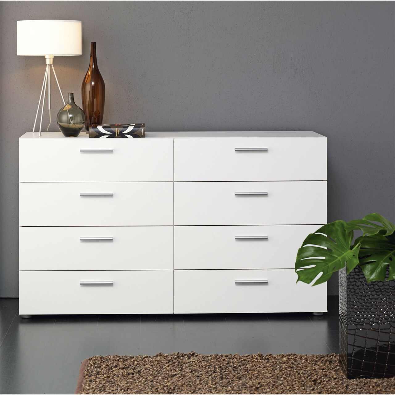 Modern 8-Drawer Double Dresser for Bedroom Storage with Metal Hardware and Foil Finish